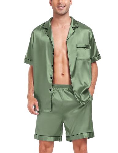 Image of SWOMOG Men Satin Silk Pajamas Sets Short Sleeve Sleepwear Button-Down PJs Sets Two-Pieces Loungewear with Pockets