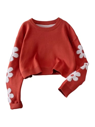 Image of BEAUDRM Girl's Cute Bow Sweater Crew Neck Long Sleeve Drop Shoulder Loose Pullover Tops
