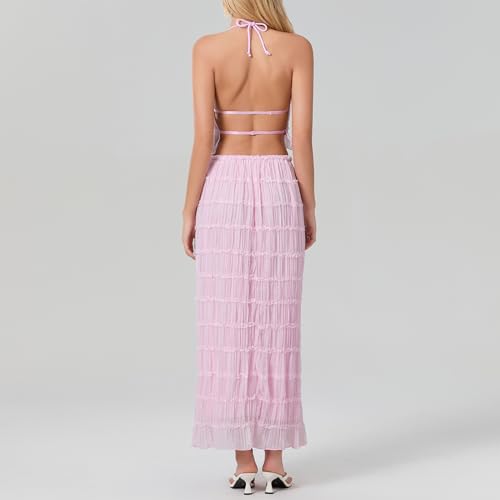Image of Women Y2K Skirt Set Outfits Strapless Crop Top Bodycon Midi Skirt Dress Sexy 2 Piece Knit Outfits Skirt Summer