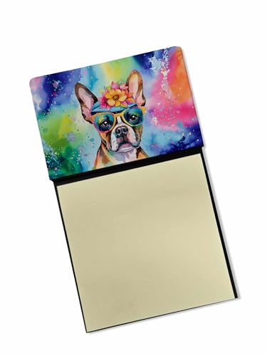 Caroline's Treasures Boston Terrier Hippie Dawg Sticky Note Holder Refillable Dispenser Self-Sticky Note Pads, Memo Pads Blank Desk Accessories