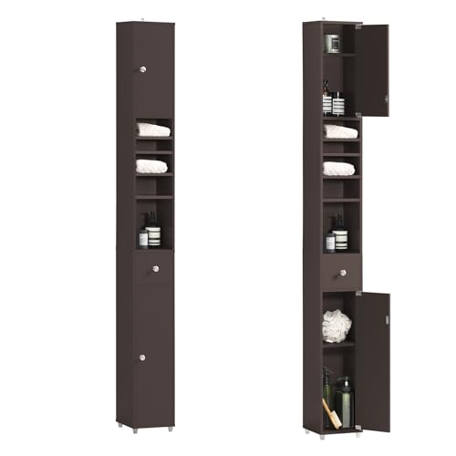 SoBuy Meuble Salle de Bain, Armoire de Rangement Étroite avec Tiroir et Étagères Réglables - Meuble Colonne Salle de Bain Compact pour WC, Petits Espaces -...