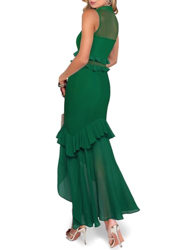 Image of Aisbei Women's Elegant Bodycon Maxi Dress Mock Neck Sleeveless Mesh Ruffle Dress Party Cocktail Formal Wedding Guest Dresses