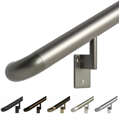 Promenaid 6ft ADA Handrail Kit - Champagne - Complete Indoor/Outdoor Handrail for Stairs - 1.6" Round Anodized Aluminum Railing with 4 Champagne Painted Pivoting Brackets & ADA Wall Returns