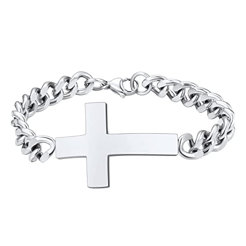 FindChic Customized Name Bar ID Bracelets for Men Women 18K Gold Plated/Stainless Steel/Black 7MM/10MM/15MM Width 7.5'' 8.3'' Bangles, with Jewelry Box e. 9mm width-cross (stainless steel) n