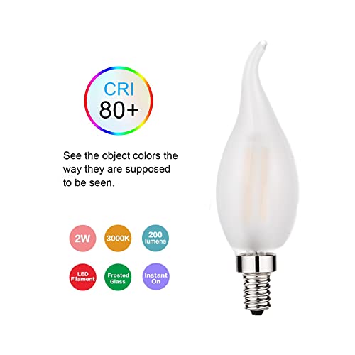 Beonllay Led Candelabra Bulb 25W Equivalent 3000K Soft White Flame Tip Frosted Glass 2W Led Filament Bulb E12 Base Decoration E12 Led Bulb Dimmable 12 Pack #TOP4