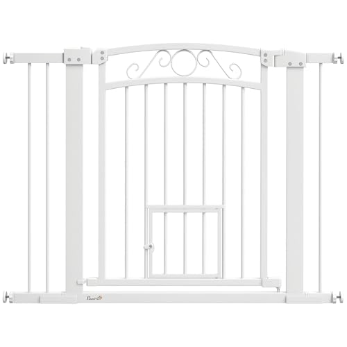 PawHut Cancelletto di Sicurezza per Cani da Interno, Cancelletto per Cani con 2 Estensioni 76-104 cm e Porta per Gatti, Cancello per Cani Animali Domestici Alto 77 cm, per Corridoio e Scale, Bianco
