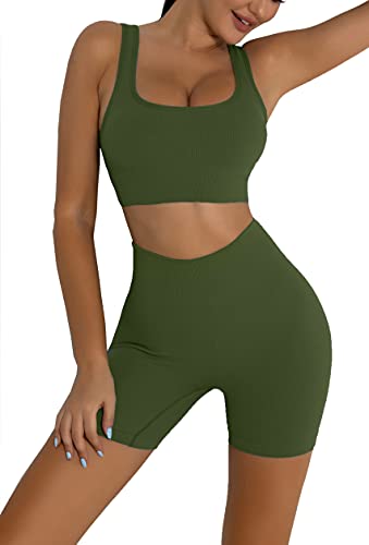 Sweat Set For Women 2 Pieces Running Sport Outfits Padded Sport Bra Tummy Control Sport Shorts Leggings Exercise Sets Activewear Army Green L #TOP3
