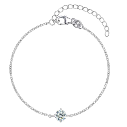 Image of TRUESILVER ACPL 925 Sterling Silver Solitaire Bracelet for Women | Round CZ Stone Link Chain Bracelet | Adjustable Elegant Bracelet for Women 8 Inches