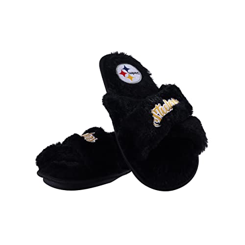 Image of FOCO Womens NFL Team Script Wordmark Fuzzy Cross Slide Slippers