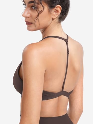 Image of YEOREO CoreFlex Women Sports Bras | Strappy, Padded, Halter, Open Back, Light Impact, Deep V Neck, Yoga, Workout, Gym