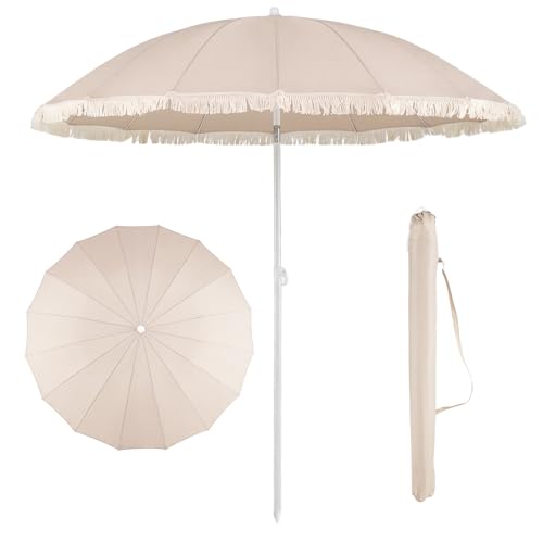 COSTWAY Sonnenschirm Boho 200 cm Gartenschirm mit Fransen beidseitig um 30 knickbar Balkonschirm mit Tragetasche Terrassenschirm Marktschirm für Garten Balkon Terrasse Strand (Beige)
