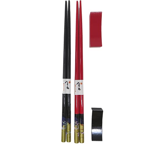 Black And Red Bamboo Chopsticks Set With Rest, Reusable Chopstick Sets For Sushi, Ramen, And Noodles, Japanese Kitchen Supplies, 9.75 Inches #TOP2
