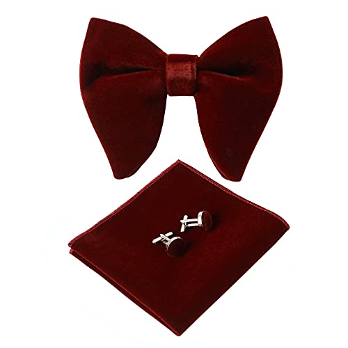 HOULIFE Set di papillon da uomo in velluto regolabile pre-legato con taschino, set di gemelli per sposo festa di nozze formale con confezione regalo, Borgogna, M