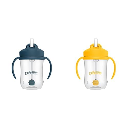 Dr. Brown's Milestones Baby's First Straw Cup, Training Cup with Weighted Straw, 9 oz/270 mL, BPA-free, 6m+, Dark Blue/Vintage Yellow, 2-Pack