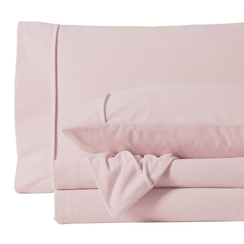 Flannel Sheets King Size Warm and Cozy Deep Pocket Breathable All Season Bedding Set with Fitted with Full Elastic & Built in Corner Sheet Straps, Flat and Pillowcases, King, Pale Pink