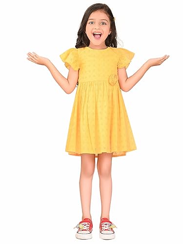 Image of LILPICKS Schiffli Embroidered Knee Length Fit n Flare DressFor Girls (Yellow)