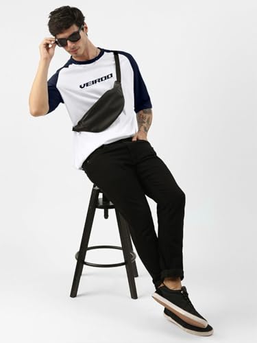 Image of Veirdo 100% Pure Cotton Oversized Loose Baggy Fit Drop Shoulder Round Neck Cool Front Chest Typographic Logo Printed Raglan Sleeve T-Shirt for Men (Colors: White, Black, Swanwhite, Beige & Grey)