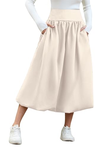 Women's Bubble Long Skirt Elastic Waist A-Line Pleated Ruffle Flowy Balloon Maxi Skirts with Pockets