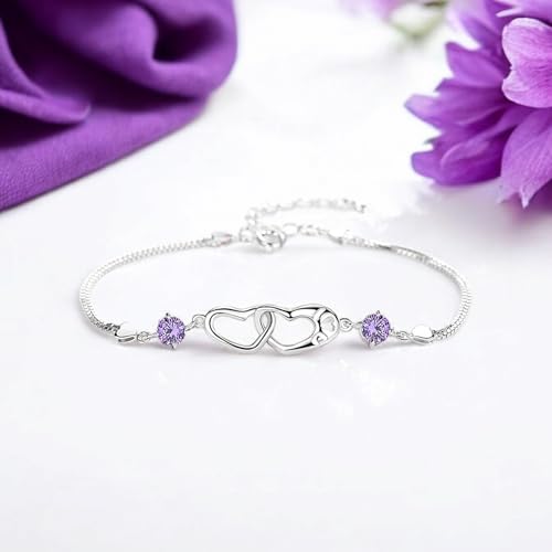 Image of Nilu's Collection Double Heart Shape Cubic Zirconia Charm Bracelet, Love Bracelet for Women and Girls, Valentine's Day Gift