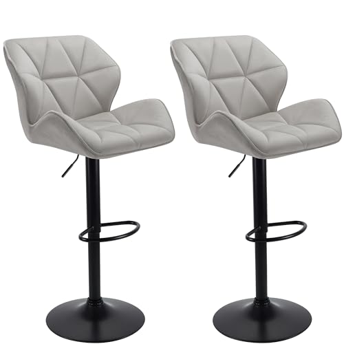 WangPangzi Set of 2 Velvet Bar Stools, Adjustable High Barstool with Footrest, Counter Chairs for Kitchen Islands/Home Bar, Swivel Gas Lift/Steel Base(Grey)