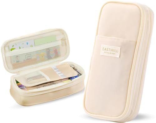 Image of Mrsdry Nylon Large Capacity Pencil Pouch, Durable Storage Multiple Compartment Double Zipper Portable Capacity Pencil Box for Kids College Student Teen, 22X11Cm (Beige)
