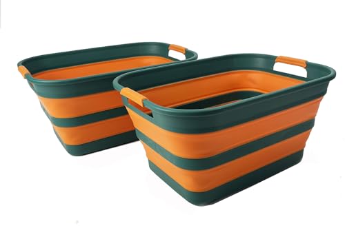 Image of SAMMART Collapsible Plastic Laundry Basket with Handle /Foldable Pop Up Storage Hamper /Portable Laundry Organizer-Space Saving Washing Tub /Household Storage (Teal Green /Autumn leaf, 27L (Set of 2))