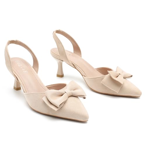 Women's Bow Slingback Heels Kitten Pumps Slip On Closed Pinted Toe Low Heels D'Orsay Comfortable Elegant Dress Wedding Party Shoes Nude 39-8US4