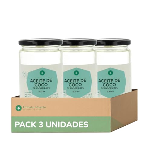 PLANETA HUERTO | Pack 3x Aceite de Coco Desodorizado Ecológico 500 ml – Aceite de Coco Sin sabor ni olor, ideal para cocinar saludable y cuidado de la piel y cabello