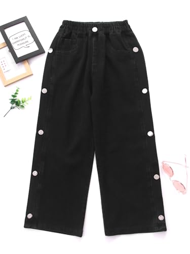 Girls Kids Denim Jeans Pants Straight-Leg High Elastic Waistand Buttons Trousers with Pockets3