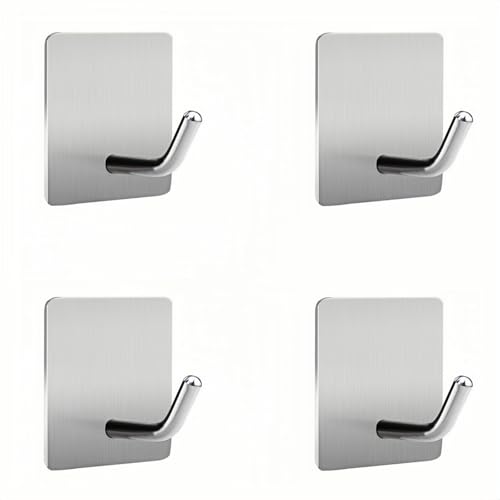 HIRAIDAI Zelfklevende haken badkamer verpakking met 4 schuine keukenhaken van roestvrij staal, duurzaam en zilver, geen wandgaten