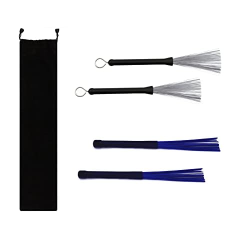 Cheerock Drum Brushes Set 1 Pair Retractable Wire Brushes and 1 Pair Nylon Brushes Set with Rubber Handles for Cajon Jazz Percussion Accessories Cover