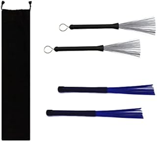 Cheerock Drum Brushes Set 1 Pair Retractable Wire Brushes and 1 Pair Nylon Brushes Set with Rubber Handles for Cajon Jazz Percussion Accessories