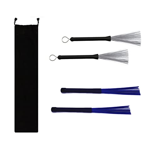 Cheerock Drum Brushes Set 1 Pair Retractable Wire Brushes and 1 Pair Nylon Brushes Set with Rubber Handles for Cajon Jazz Percussion Accessories
