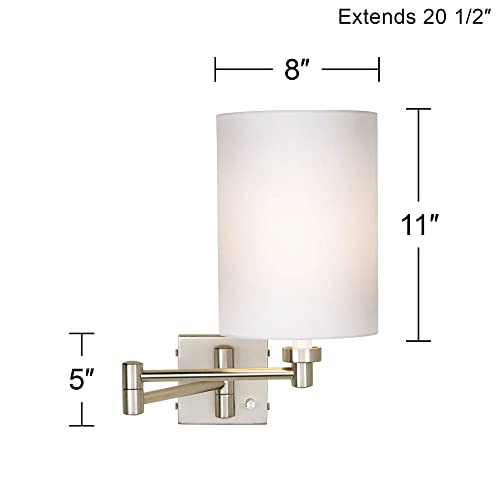 Image of Possini Euro Design Modern Swing Arm Adjustable Wall Lamp Brushed Nickel Plug-in Light Fixture Dimmable White Cotton Cylinder Shade for Bedroom Bedside House Reading Living Room Home Hallway Dining