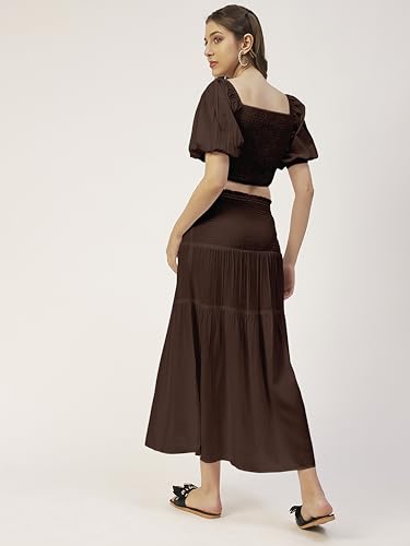 Women Solid Viscose Rayon Casual Skirt, High Waist Smocked Midi Skirt4