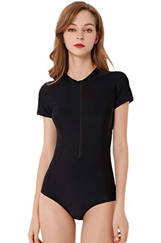 Micosuza Womens Rash Guard Short Sleeve Zip Printed One Piece Swimsuit