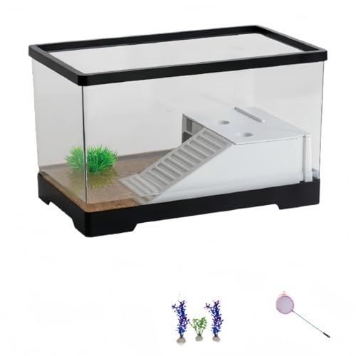 GUIXIAOGUO 水槽 ケージ亀 アクリル水槽 タートルタンク リクガメ 亀 大きい カメ生息地 亀観察飼育用 両生飼育箱 爬虫類繁殖ボックス 透明 3秒で水替え 360度見ている亀水族館生息地です 休憩プラットフォーム 脱出防止 両生類用 (M,パッ