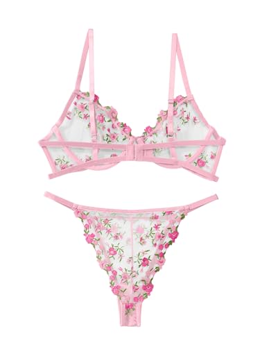 Image of Lilosy Sexy Floral Embroidered Mesh Sheer Underwire Lingerie Set