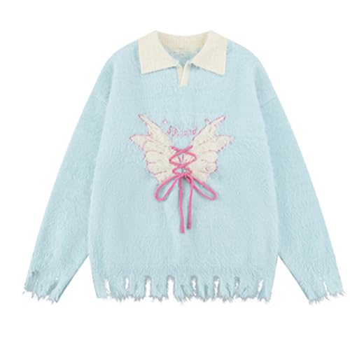 Girl Women's Knitted Sweater Butterfly Classic College Pullover Fashion Knit Lapel Jumper Tops