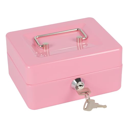 Geldkassette mit Schlüssel tragbare Kasse mit Münzfach kleine abschließbare Geldkassette für Haus Büro und Veranstaltungen 15 * 12 * 8cm(Rosa)