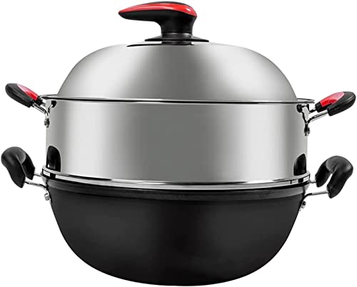 WOTZOV Olla de Hierro Antigua, sartén de Doble asa, Olla Antiadherente de Hierro Fundido, vaporera Grande Especial, Olla para guisos, vaporera，34cm