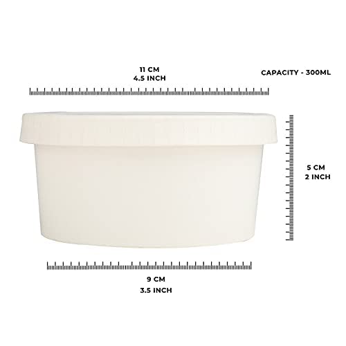 Image of [300 ml, 15 Count, White Disposable Bagasse Paper Container with Lid | Eco-Friendly Bowl /Tub for Picnic, Travel, Food Truck | Ideal for Both Hot & Cold Food
