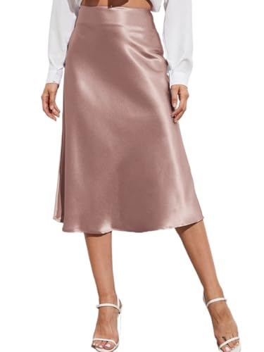 Women High Waist Zipper Side Solid Satin Skirt Summer Skirt