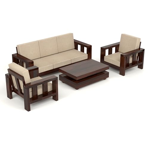 Image of Solid Sheesham Wooden 5 Seater Sofa Set for Living Room with Comfortable Cushion - Wooden Sofa Set 5 Seater for Home & Office Furniture (Walnut, Haney 5 Seater 3+1+1)