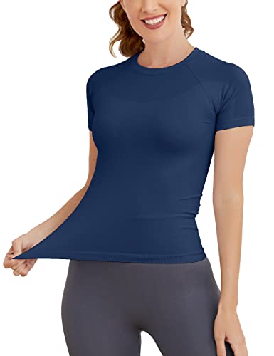Image of MathCat Short Sleeve Workout Tops for Women, Seamless Women's Compression Shirt, Yoga Running Athletic Shirts Soft Gym Tops