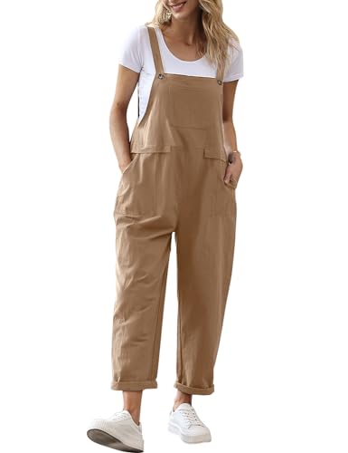 YESNO Damen Latzhose Sommer Oversize Trägerhose Beiläufig Loose Bib Pants Overall Baggy Jumpsuit Strampler Sommerhose mit Träger M PV9DE Kamel