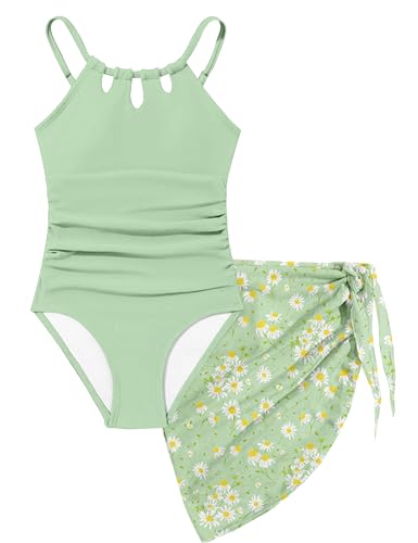 Image of KANGKANG Girls Swimsuit Quick Dry Cut Out One Piece Swimsuits with Tropical Print Cover Up Skirt Bathing Suit Swimwear 7-18Y
