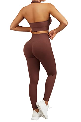 Mooslover Women Seamless Ribbed Workout Sets High Waist Leggings Halter Sports Bras Two Piece Outfits(M,#1 Chestnut-315) #TOP5