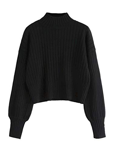 ZAFUL Women's Mock Neck Pullover Sweater Cotton Knit Ribbed Texture Cropped Sweater Tops Black