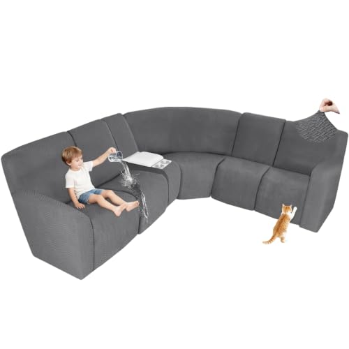 ALIECOM 100% Waterproof Recliner Sectional Couch Covers L Shape Stretch Corner Reclining Sectional Sofa Cover Washable Recliner Slipcover Protector for Dog Pet (5 Seat and 1 Console, Medium Gray)
